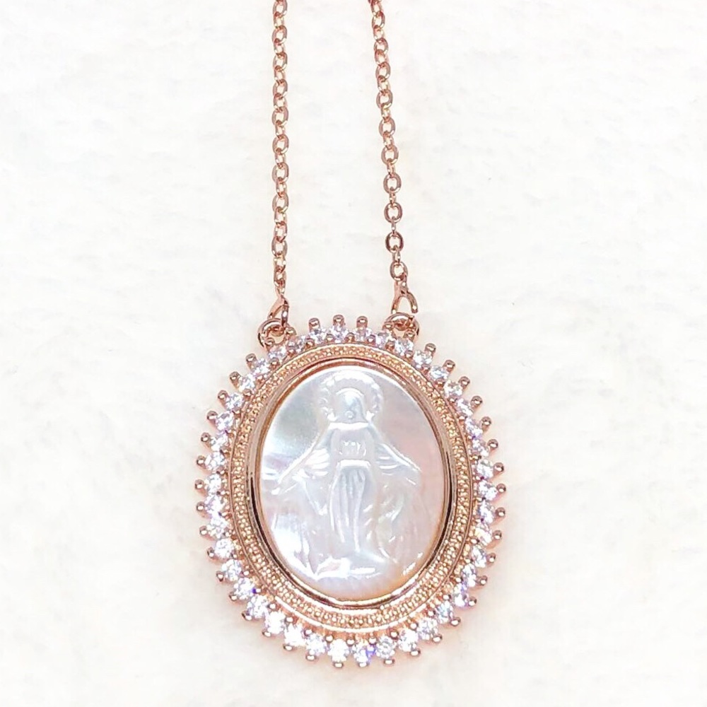 Rose Gold Virgin Mary Necklace / Zirconia
